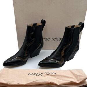 Sergio Rossi Carla Texan PVC Trim Leather Ankle Boots Booties Black Size 36 US 6